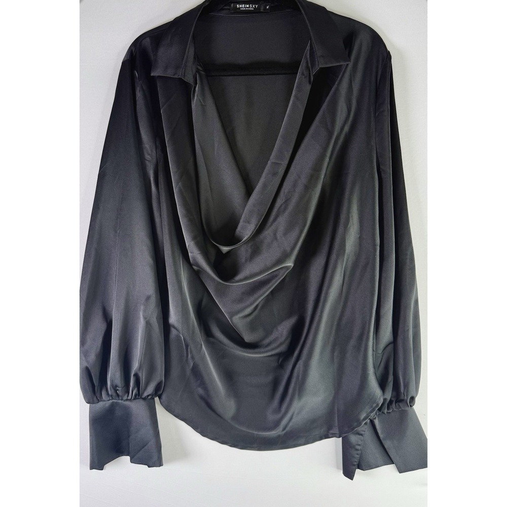 Shein SXY Black Satin Cowl Neck Blouse Long Sleeve Top